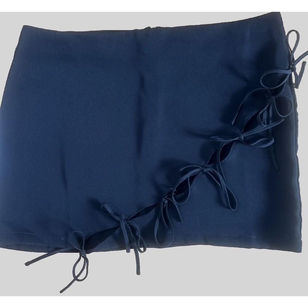With Jean Black Bow Mini Skirt Back Zip Front Slits Size S